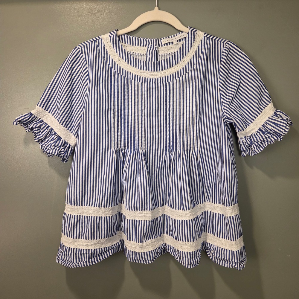 English Factory Women's Pintuck Blouse Size S 100% Cotton‎ Blue & White Striped